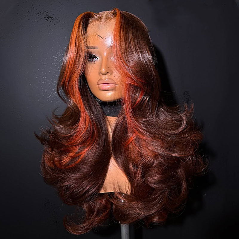 ZSF Hair Orange Highlight With Brown Color Body Wave Transparent Lace Wig Brazilian Colored Human Virgin Hair