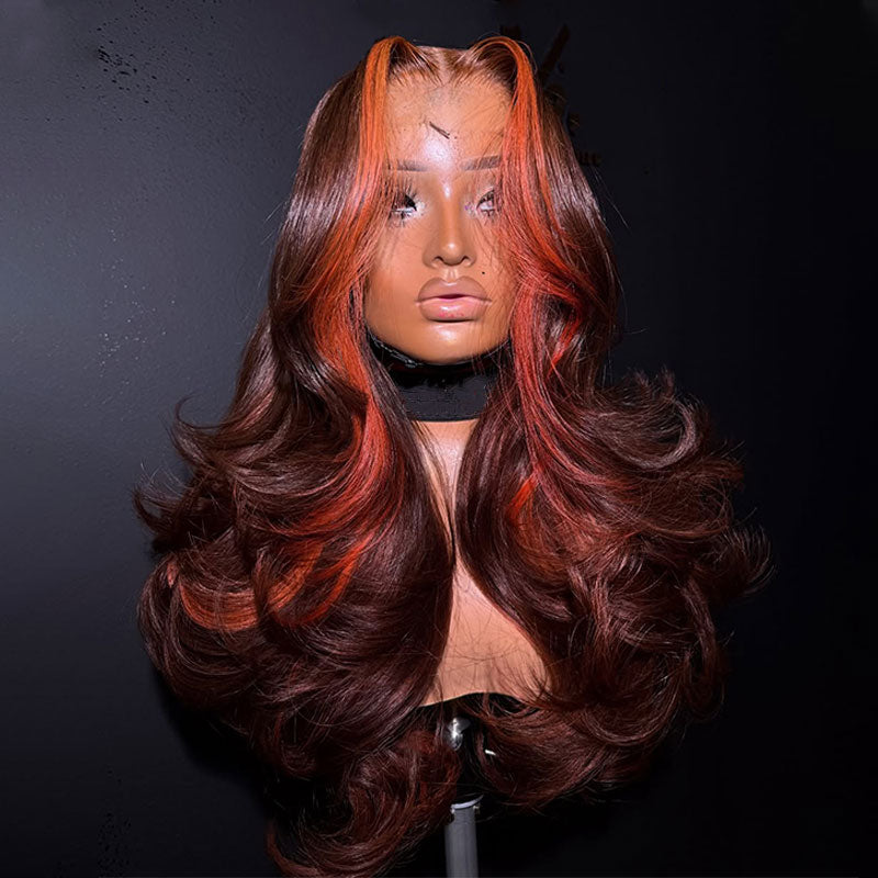 ZSF Hair Orange Highlight With Brown Color Body Wave Transparent Lace Wig Brazilian Colored Human Virgin Hair