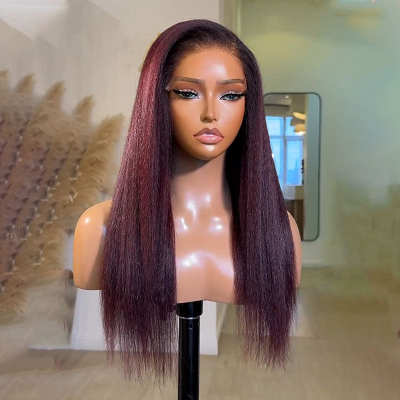 ZSF Ombre Red Wine T1B/dark 99j Ombre Kinky Straight Premium Human Hair Invisi-HD Lace Frontal Wig Natural Hairline