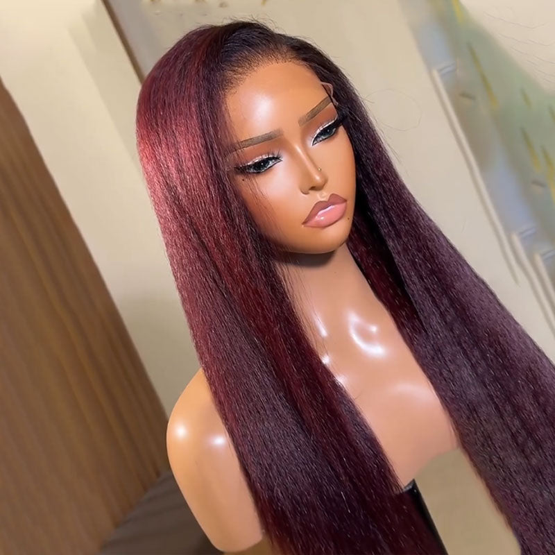 ZSF Ombre Red Wine T1B/dark 99j Ombre Kinky Straight Premium Human Hair Invisi-HD Lace Frontal Wig Natural Hairline
