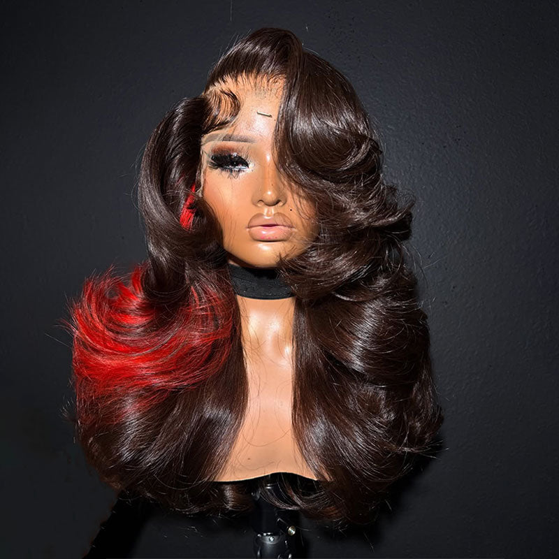 ZSF Chic Fuchsia Mix Dark Brown Color Body Wave 13*4 HD Lace Frontal Human Wavy Wig Middle Part Natural Hairline