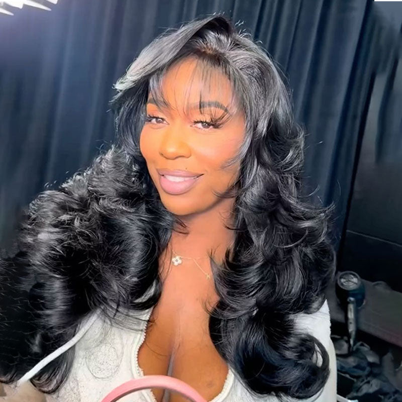 ZSF Pre-Styled Layered Cut With Side Bangs Body Wave Invisible HD Lace C Part Frontal Wig Real Human Hair Natural Hairline