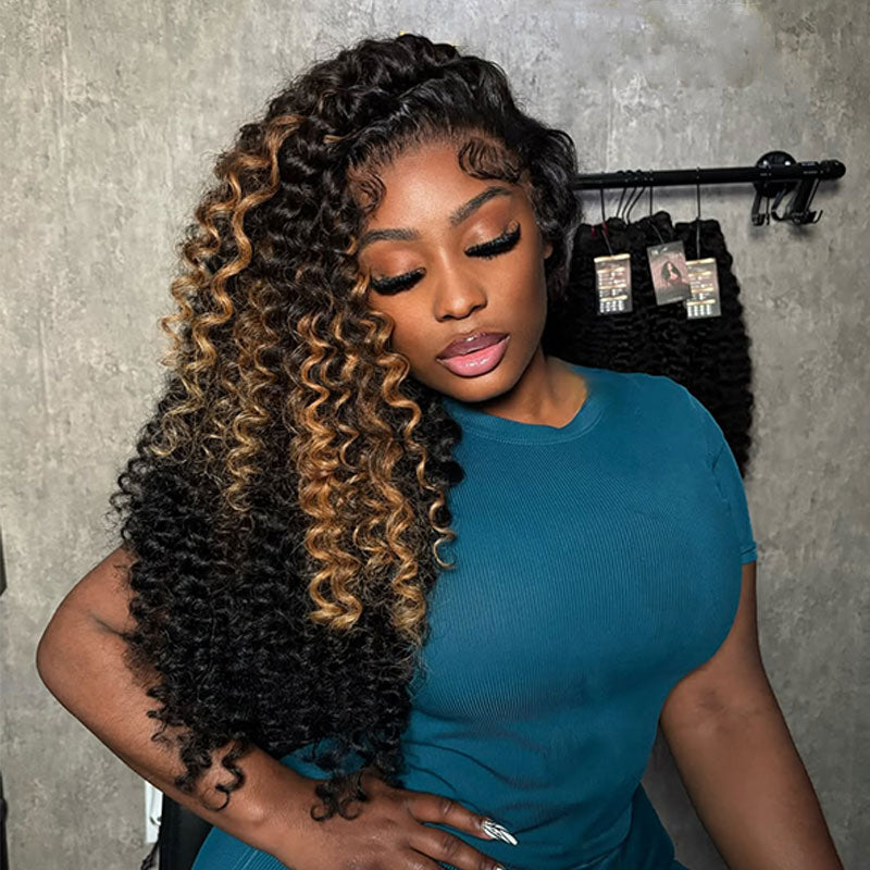 ZSF Hair Super Bouncy Wander Curl Honey Blonde Highlight Mix Black Wand Curl Lace Wig C Part Pre Plucked Natural Hairline 1 Piece