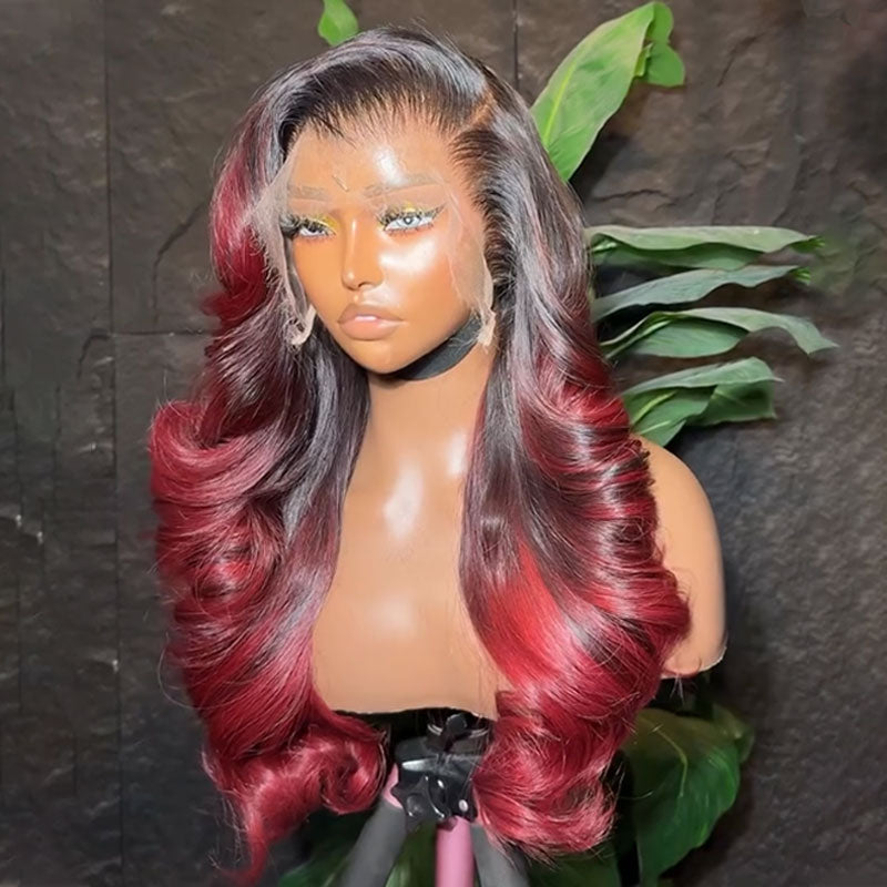 ZSF Ombre Burgundy Colored Body Wave 1B/Burgundy HD Swiss Lace Human Virgin Hair One Piece