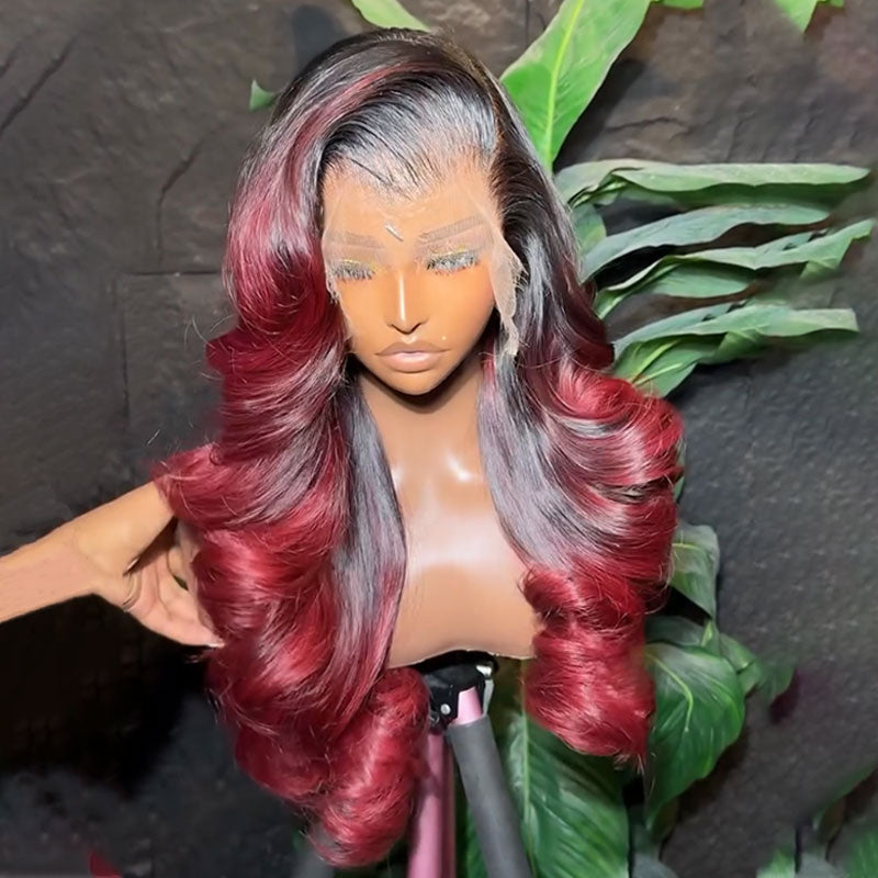ZSF Ombre Burgundy Colored Body Wave 1B/Burgundy HD Swiss Lace Human Virgin Hair One Piece