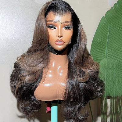 ZSF Trendy Color Ash Brown Mixed Black Body Wave HD Lace Human Hair Wig Pre Plucked C Part Lace