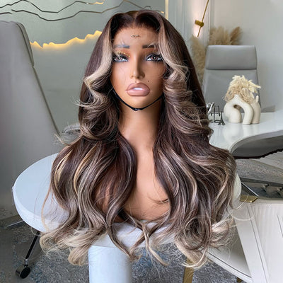 (Ready to Ship) ZSF New Arrival Blonde Highlight Dark Brown Body Wave Human Hair Wavy Wig Middle Part