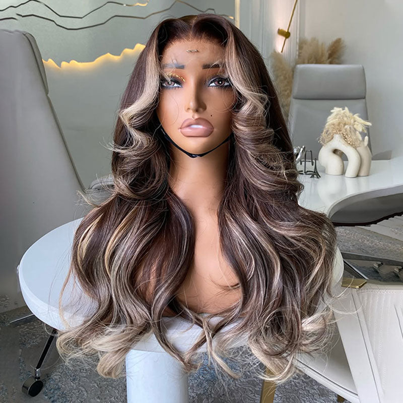 (Ready to Ship) ZSF New Arrival Blonde Highlight Dark Brown Body Wave Human Hair Wavy Wig Middle Part