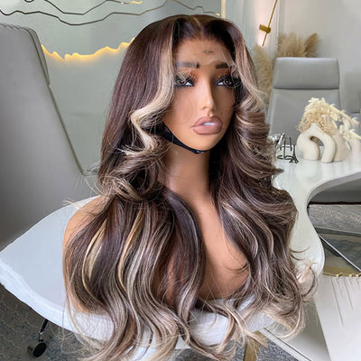 (Ready to Ship) ZSF New Arrival Blonde Highlight Dark Brown Body Wave Human Hair Wavy Wig Middle Part