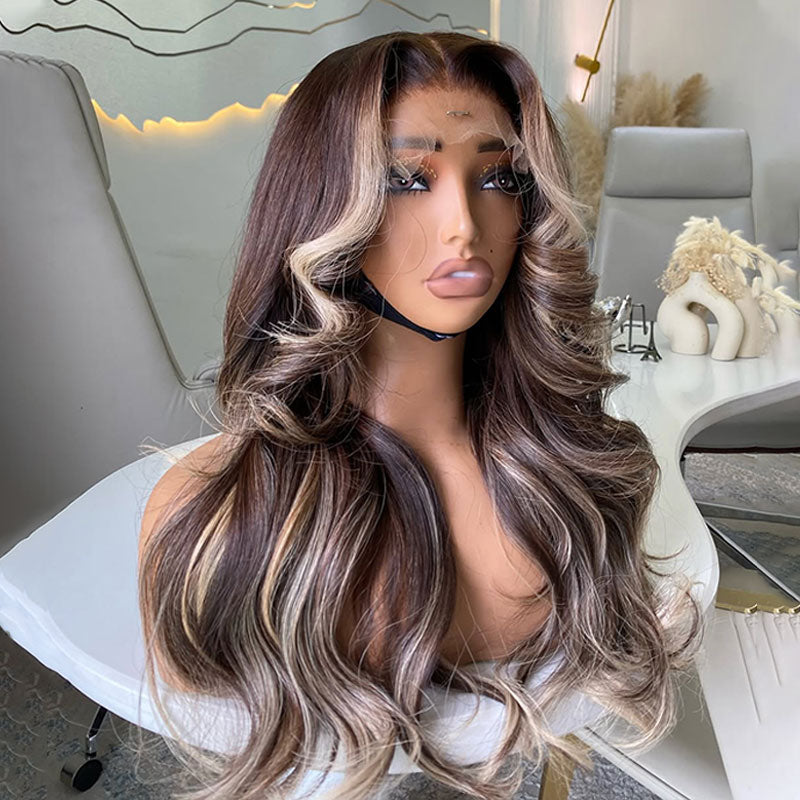 (Ready to Ship) ZSF New Arrival Blonde Highlight Dark Brown Body Wave Human Hair Wavy Wig Middle Part