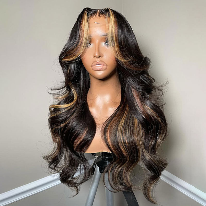 ZSF Two Tone Highlights Brown Honey Blonde Brazilian Body Wave Lace Wig Pre Plucked Middle Part 1PC