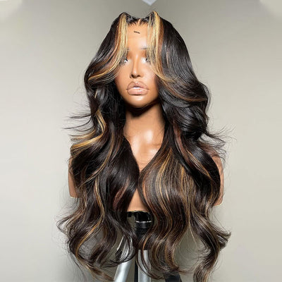 ZSF Two Tone Highlights Brown Honey Blonde Brazilian Body Wave Lace Wig Pre Plucked Middle Part 1PC