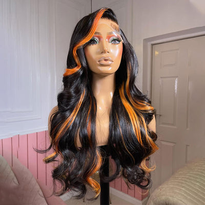 ZSF Orange Highlights Mixed Black Brazilian Body Wave Lace Wig Pre Plucked C Part Natural Hairline1PC