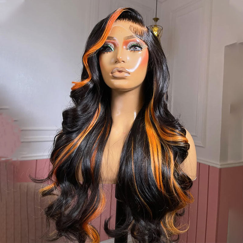 ZSF Orange Highlights Mixed Black Brazilian Body Wave Lace Wig Pre Plucked C Part Natural Hairline1PC