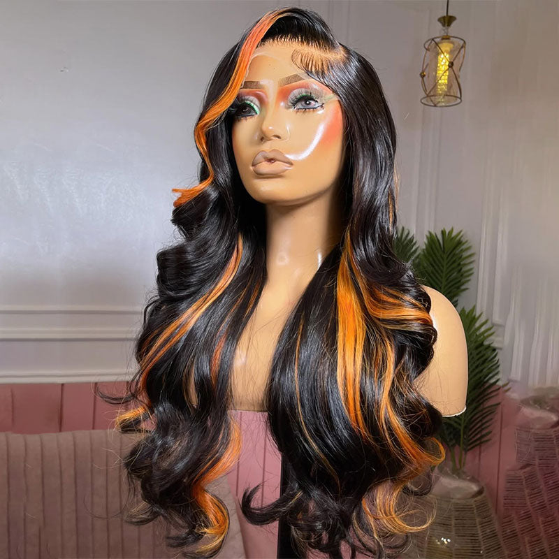 ZSF Orange Highlights Mixed Black Brazilian Body Wave Lace Wig Pre Plucked C Part Natural Hairline1PC