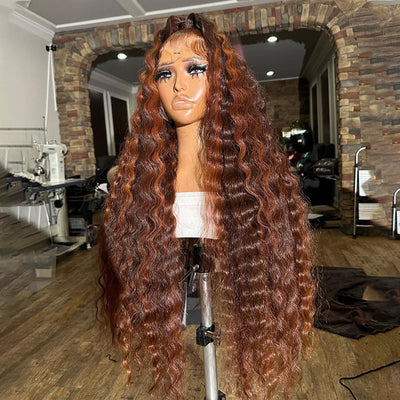 ZSF Autumn Color Reddish Brown Highlight Brown Brazilian Loose Deep Wave Curly Wavy Lace Frontal Wig Natural Hairline Baby Hair