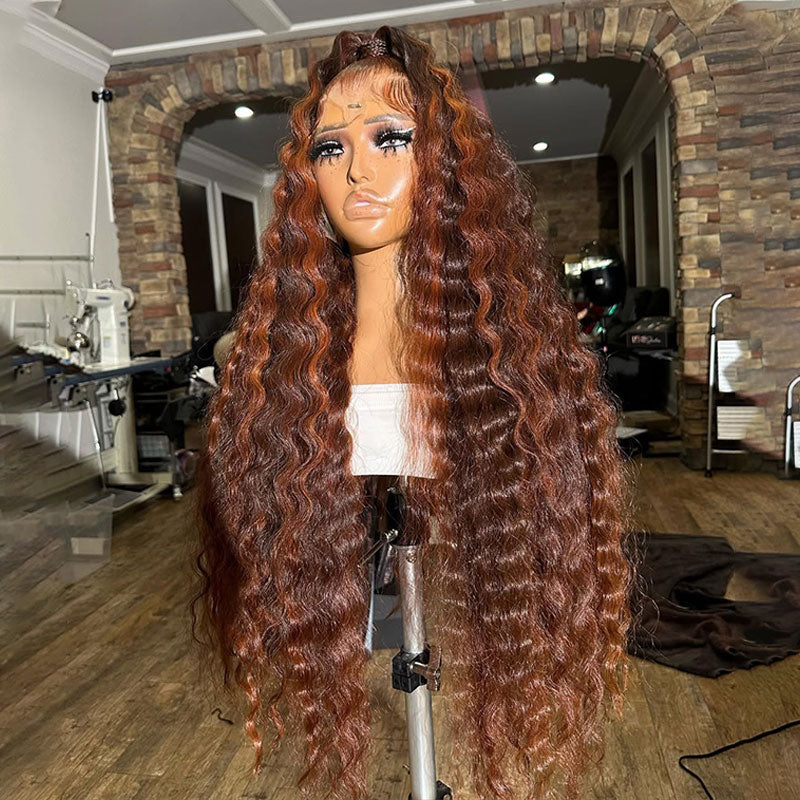 ZSF Autumn Color Reddish Brown Highlight Brown Brazilian Loose Deep Wave Curly Wavy Lace Frontal Wig Natural Hairline Baby Hair