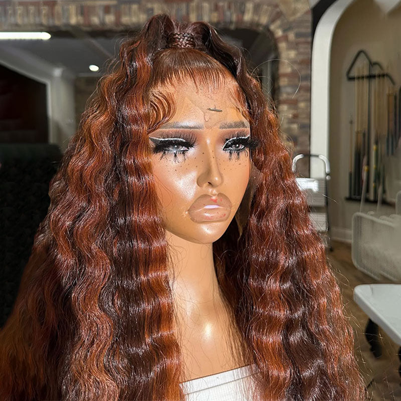 ZSF Autumn Color Reddish Brown Highlight Brown Brazilian Loose Deep Wave Curly Wavy Lace Frontal Wig Natural Hairline Baby Hair