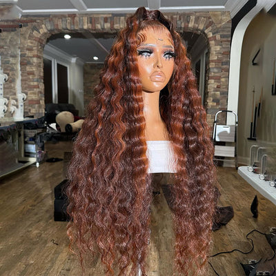ZSF Autumn Color Reddish Brown Highlight Brown Brazilian Loose Deep Wave Curly Wavy Lace Frontal Wig Natural Hairline Baby Hair