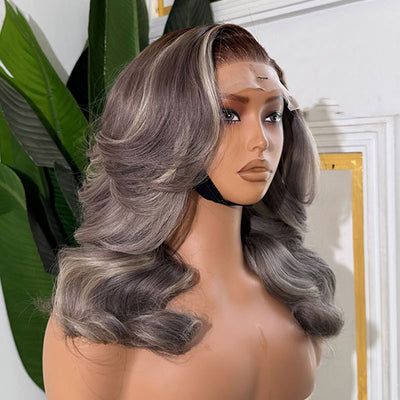 ZSF New In Blonde Highlight Mix Grey Brown Body Wave Lace Frontal Wig C Part Human Hair