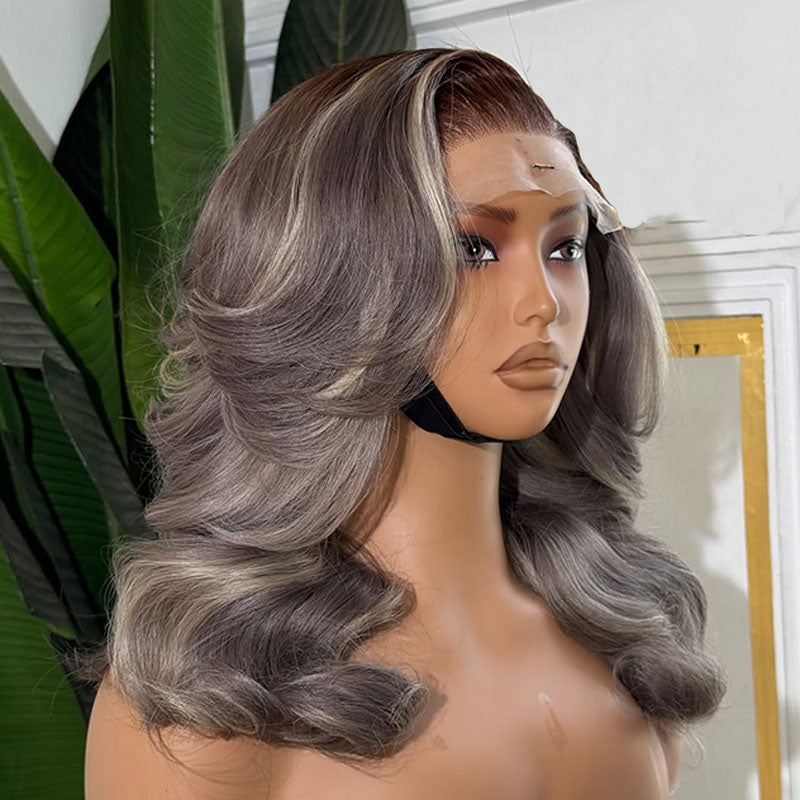 ZSF New In Blonde Highlight Mix Grey Brown Body Wave Lace Frontal Wig C Part Human Hair