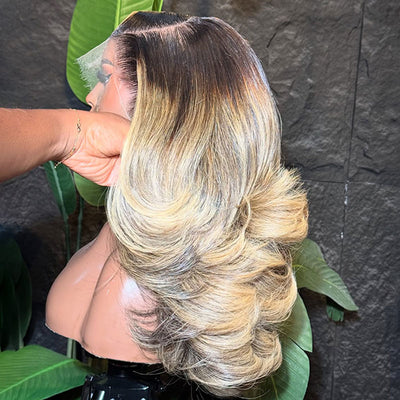 ZSF Trendy Color Ombre Blonde Mix Black Body Wave C Part Wig 613/1B 100% Virgin Human Hair