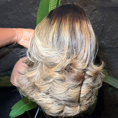 ZSF Trendy Color Ombre Blonde Mix Black Body Wave C Part Wig 613/1B 100% Virgin Human Hair