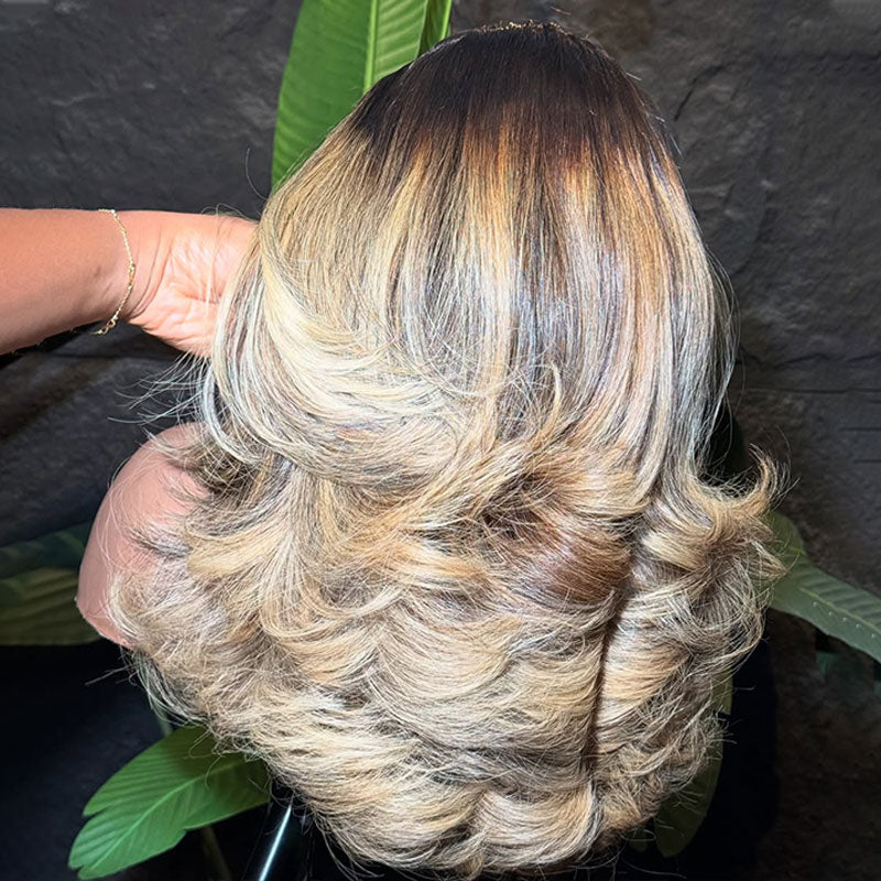 ZSF Trendy Color Ombre Blonde Mix Black Body Wave C Part Wig 613/1B 100% Virgin Human Hair