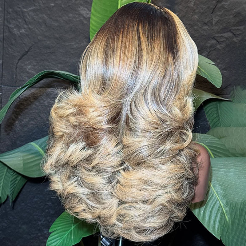 ZSF Trendy Color Ombre Blonde Mix Black Body Wave C Part Wig 613/1B 100% Virgin Human Hair
