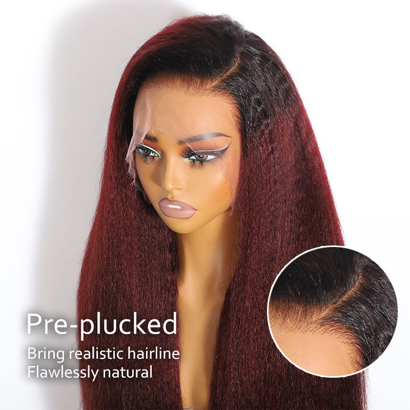 ZSF Ombre Red Wine T1B/dark 99j Ombre Kinky Straight Premium Human Hair Invisi-HD Lace Frontal Wig Natural Hairline