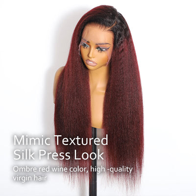 ZSF Ombre Red Wine T1B/dark 99j Ombre Kinky Straight Premium Human Hair Invisi-HD Lace Frontal Wig Natural Hairline