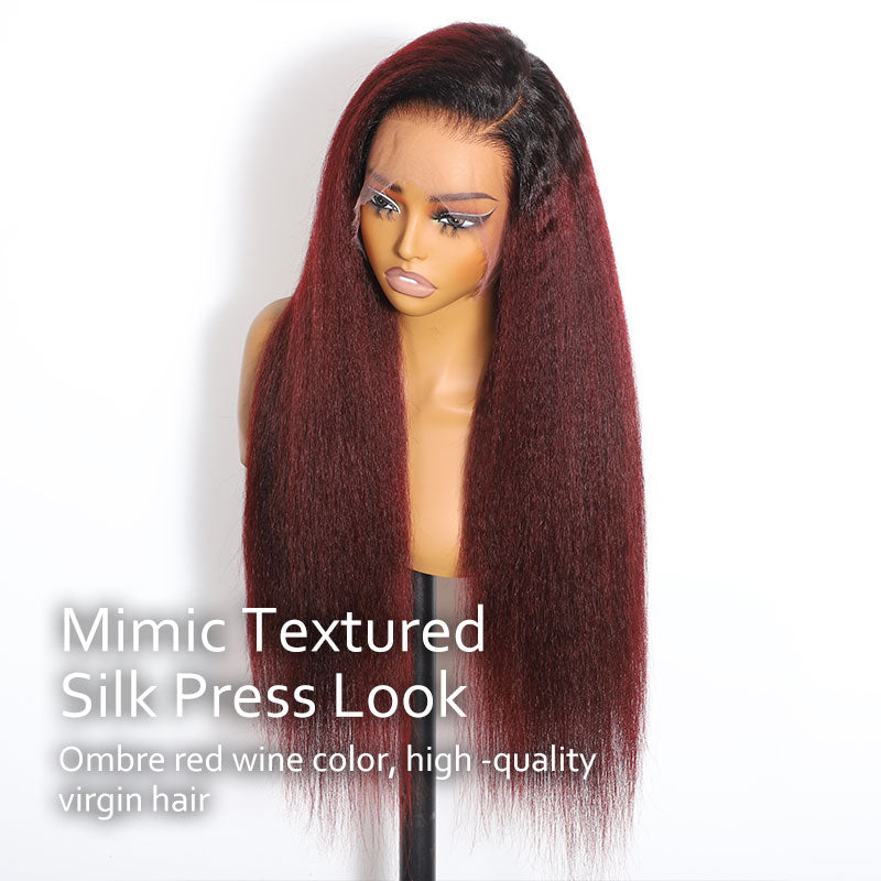 ZSF Ombre Red Wine T1B/dark 99j Ombre Kinky Straight Premium Human Hair Invisi-HD Lace Frontal Wig Natural Hairline