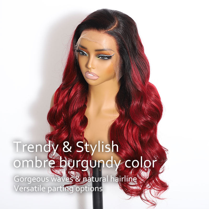 ZSF Ombre Burgundy Colored Body Wave 1B/Burgundy HD Swiss Lace Human Virgin Hair One Piece