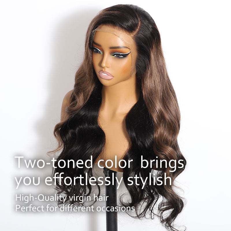 ZSF Trendy Color Ash Brown Mixed Black Body Wave HD Lace Human Hair Wig Pre Plucked C Part Lace