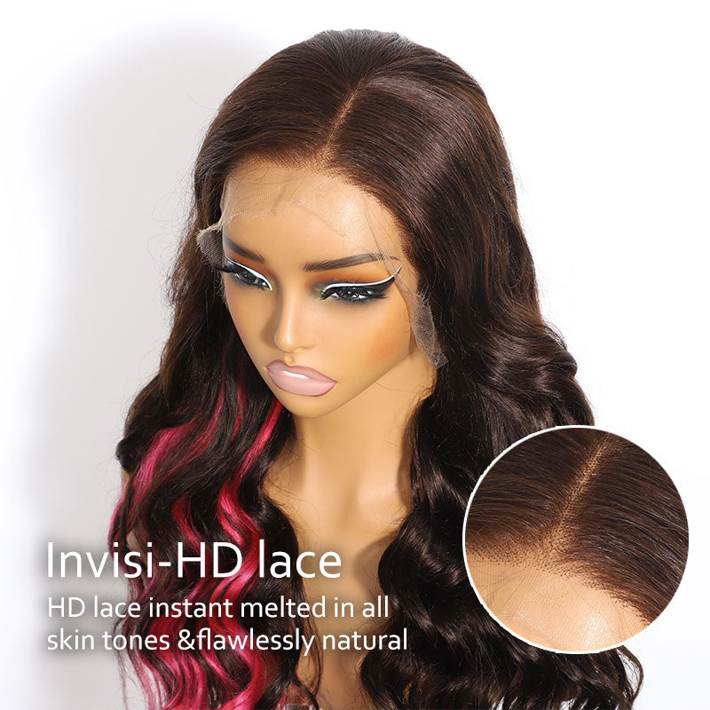 ZSF Chic Fuchsia Mix Dark Brown Color Body Wave 13*4 HD Lace Frontal Human Wavy Wig Middle Part Natural Hairline