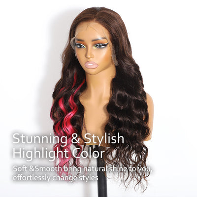 ZSF Chic Fuchsia Mix Dark Brown Color Body Wave 13*4 HD Lace Frontal Human Wavy Wig Middle Part Natural Hairline