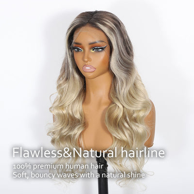 (Ready to Ship) ZSF New Arrival Ombre Bayalage Blonde Highlight Body Wave HD Lace Frontal Human Wavy Wig