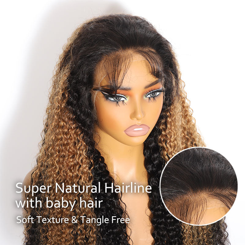ZSF Hair Super Bouncy Wander Curl Honey Blonde Highlight Mix Black Wand Curl Lace Wig C Part Pre Plucked Natural Hairline 1 Piece