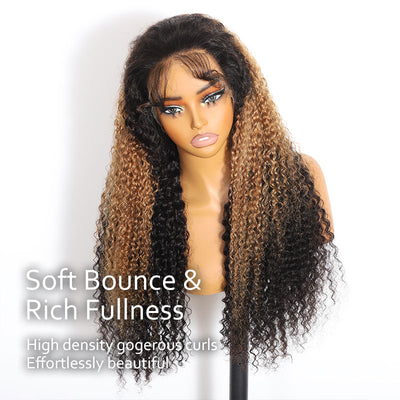 ZSF Hair Super Bouncy Wander Curl Honey Blonde Highlight Mix Black Wand Curl Lace Wig C Part Pre Plucked Natural Hairline 1 Piece