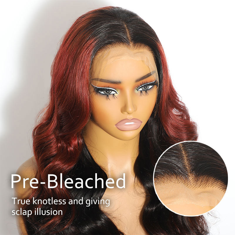 ZSF Maple Red Brown Mixed Black Highlight Body Wave Transparent Lace Wig Virgin Human Hair