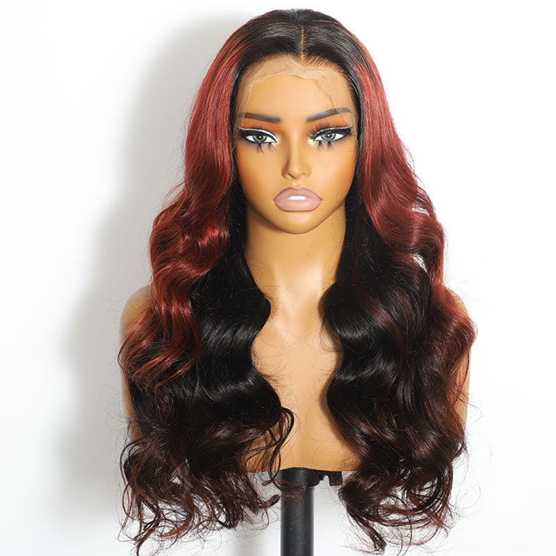 ZSF Maple Red Brown Mixed Black Highlight Body Wave Transparent Lace Wig Virgin Human Hair