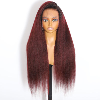 ZSF Ombre Red Wine T1B/dark 99j Ombre Kinky Straight Premium Human Hair Invisi-HD Lace Frontal Wig Natural Hairline