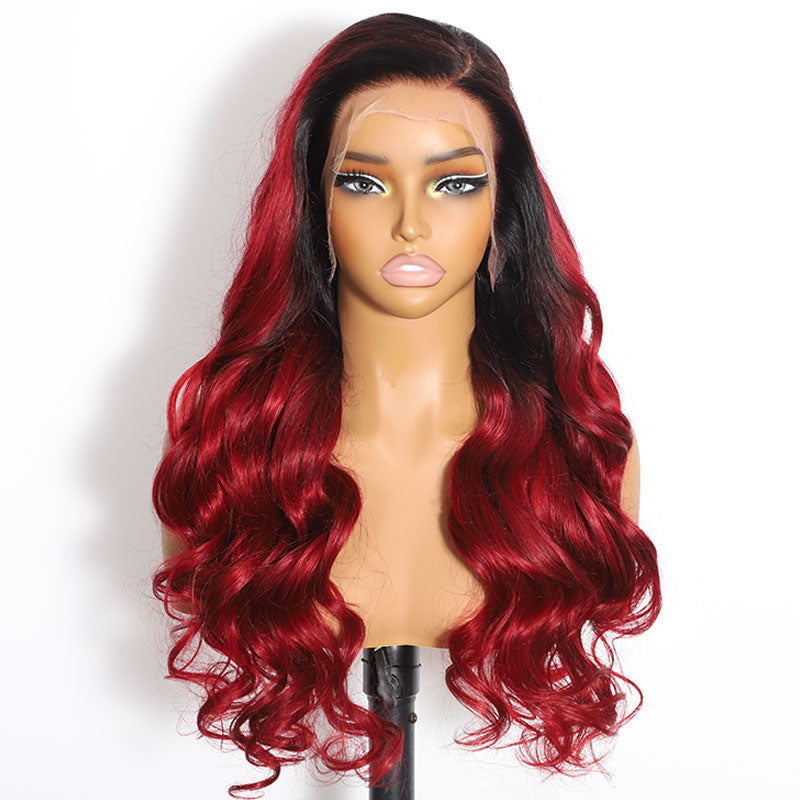 ZSF Ombre Burgundy Colored Body Wave 1B/Burgundy HD Swiss Lace Human Virgin Hair One Piece