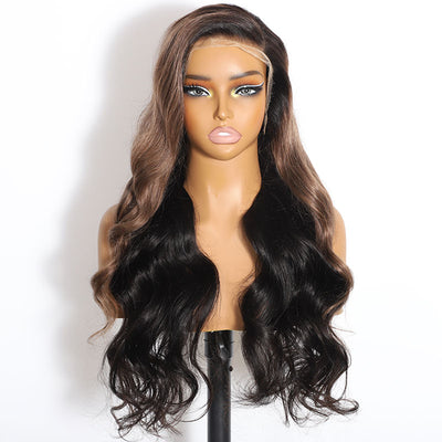 ZSF Trendy Color Ash Brown Mixed Black Body Wave HD Lace Human Hair Wig Pre Plucked C Part Lace