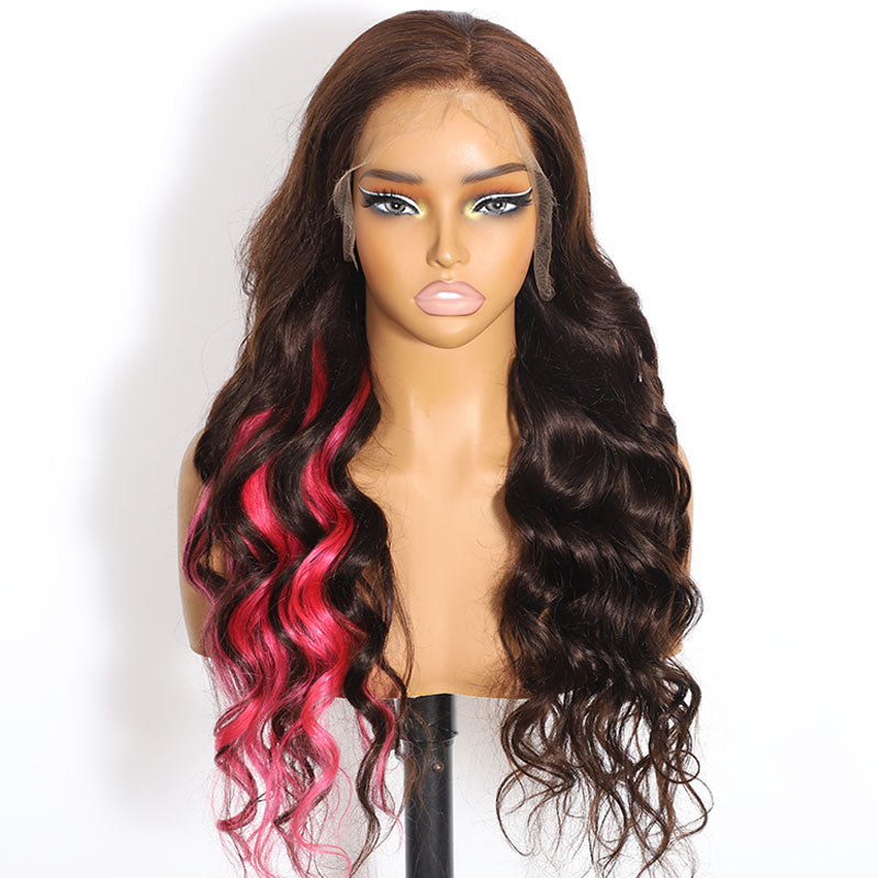 ZSF Chic Fuchsia Mix Dark Brown Color Body Wave 13*4 HD Lace Frontal Human Wavy Wig Middle Part Natural Hairline