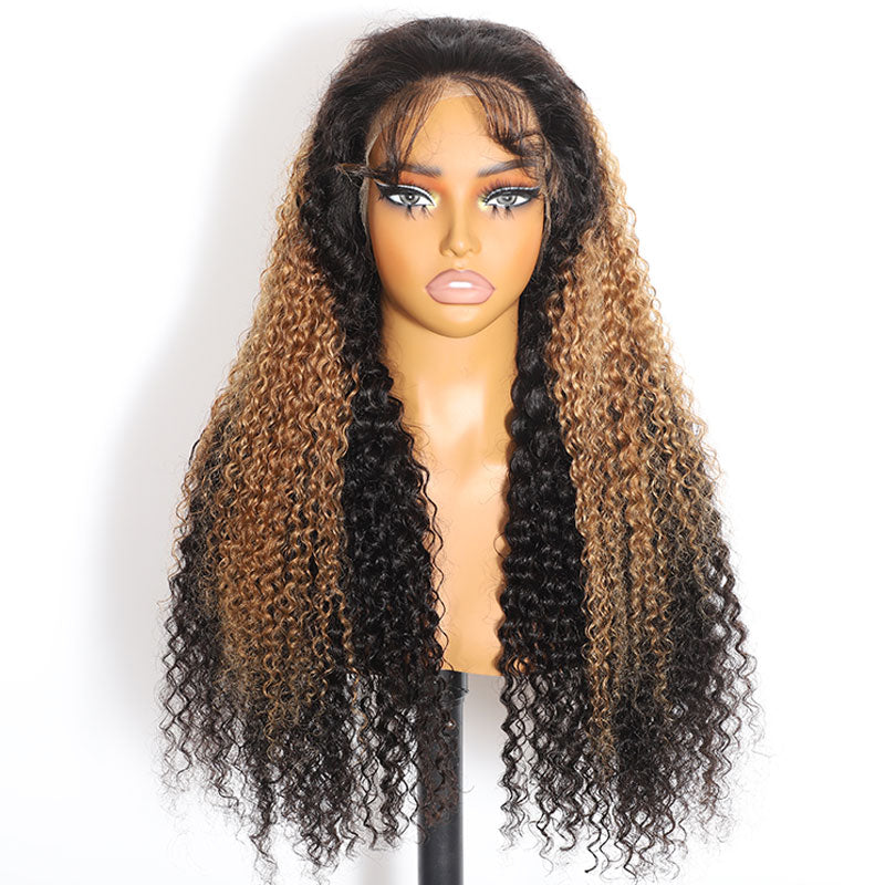 ZSF Hair Super Bouncy Wander Curl Honey Blonde Highlight Mix Black Wand Curl Lace Wig C Part Pre Plucked Natural Hairline 1 Piece