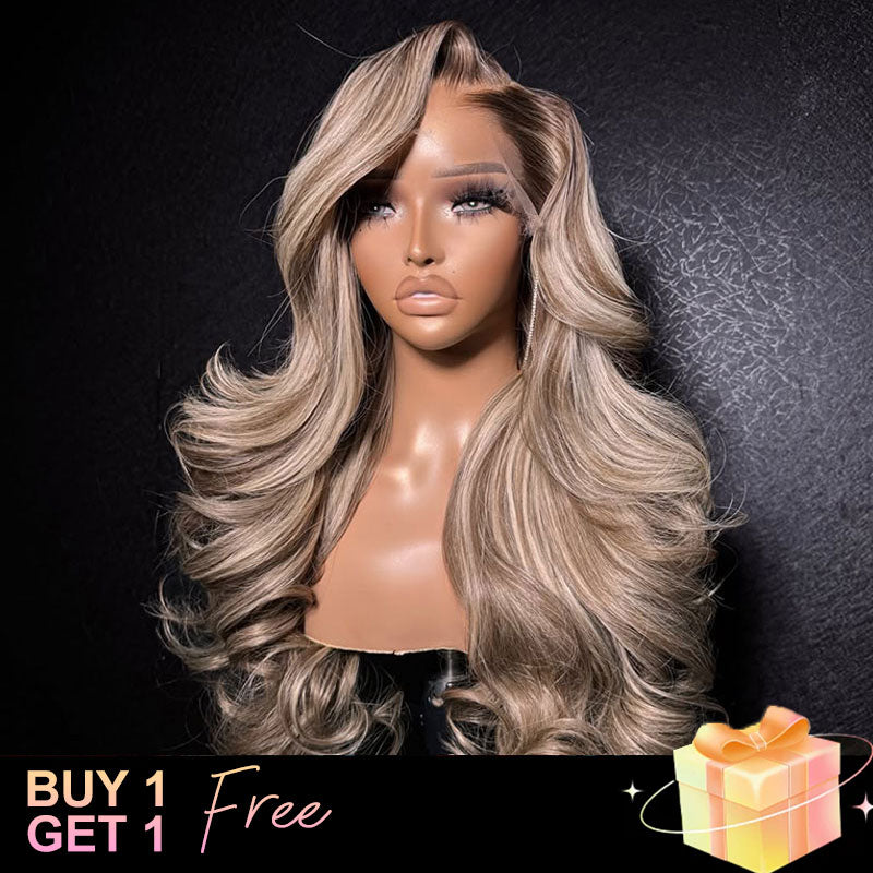 (BUY 1 GET 1 Free) ZSF New Dirty Brown Mixed Light White Body Wave Human Hair C Part Lace Frontal Wig Plucked
