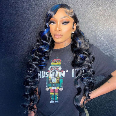 Deals | ZSF Body Wave Black With Blue Highlight 13*4 Transparent Lace Frontal Wig Human Virgin Hair 1Piece Natural Black