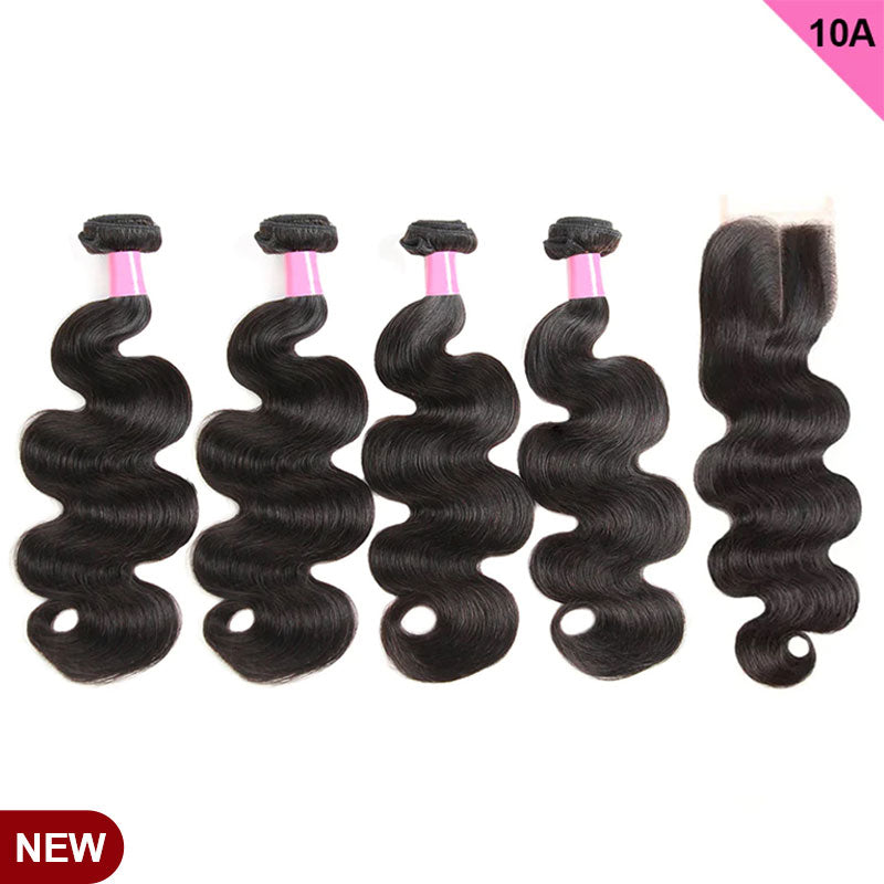 ZSF 10A Grade Body Wave 4Bundles With Lace Closure 100% Human Hair Natural Black