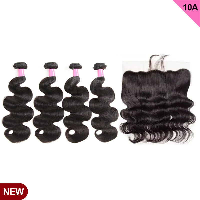 ZSF 10A Grade Body Wave Virgin Hair 4Bundles With Frontal 100% Human Hair Natural Black